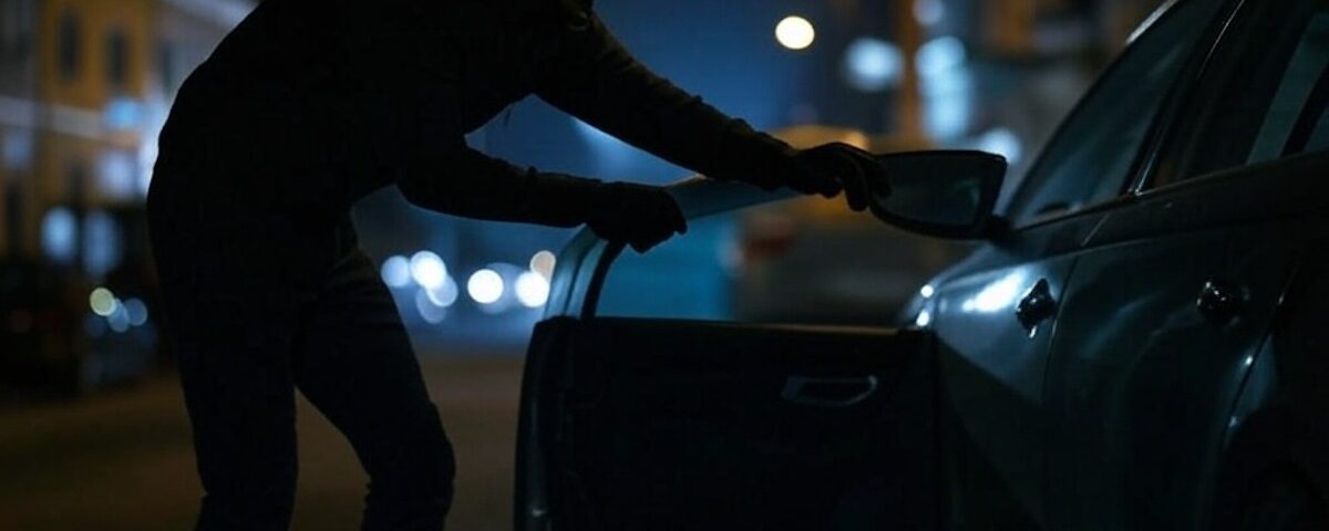 Ladro cerca di forzare la portiera di un’auto in un parcheggio.