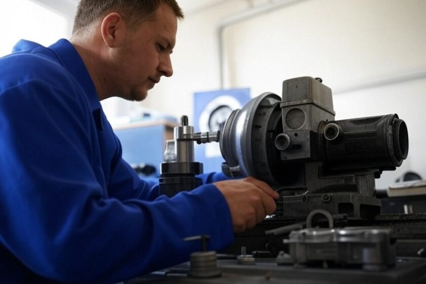 Tecnico che lavora su un motore smontato utilizzando una macchina di rettifica CNC